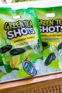 Shottys Green Tea Shot pouches and cups in ice